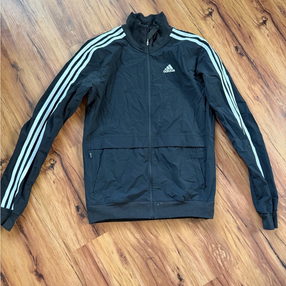 Adidas Men's Black Windbreaker with White Stripes